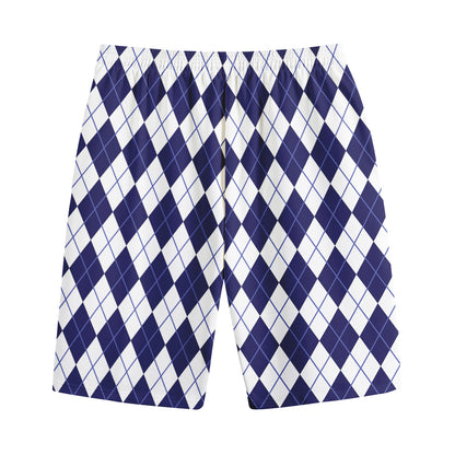 Navy Blue And White Argyle Pattern Print Cotton Shorts
