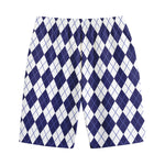Navy Blue And White Argyle Pattern Print Cotton Shorts