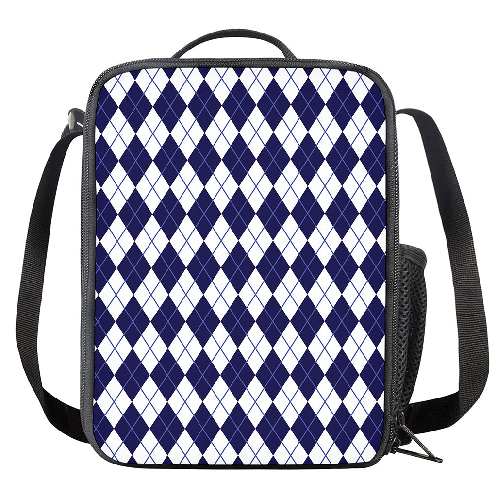 Navy Blue And White Argyle Pattern Print Crossbody Lunch Bag