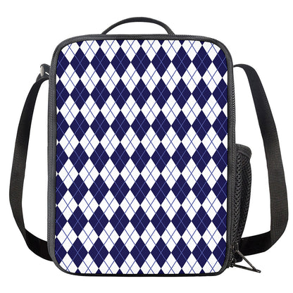 Navy Blue And White Argyle Pattern Print Crossbody Lunch Bag