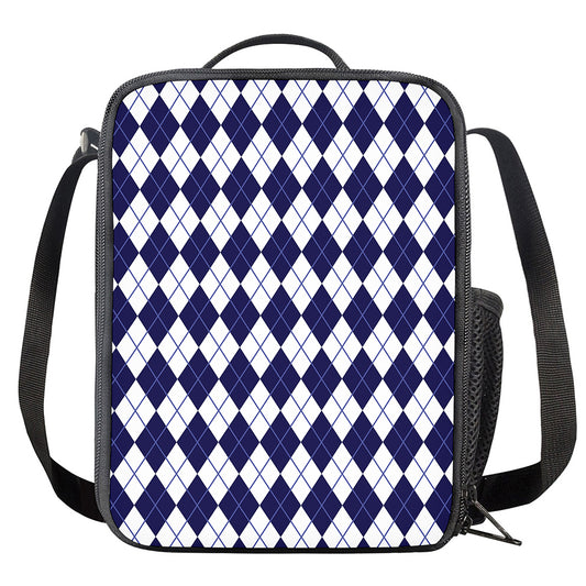 Navy Blue And White Argyle Pattern Print Crossbody Lunch Bag
