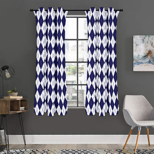 Navy Blue And White Argyle Pattern Print Curtain