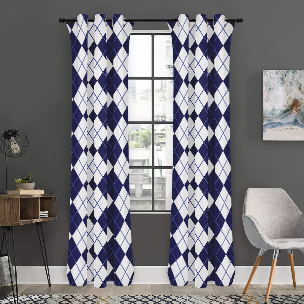 Navy Blue And White Argyle Pattern Print Curtain