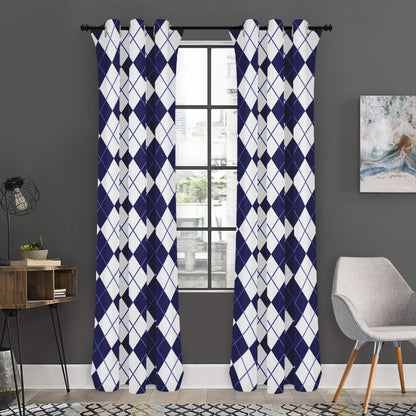 Navy Blue And White Argyle Pattern Print Curtain