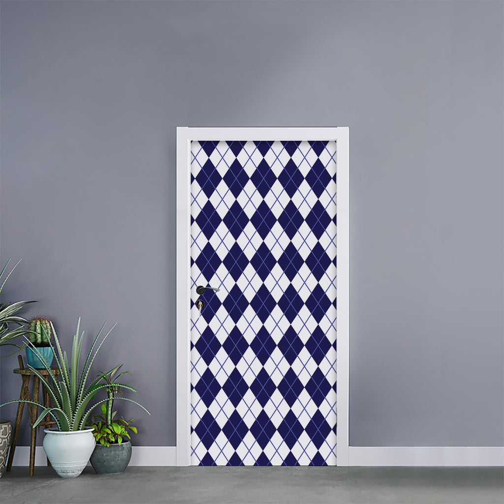 Navy Blue And White Argyle Pattern Print Door Sticker