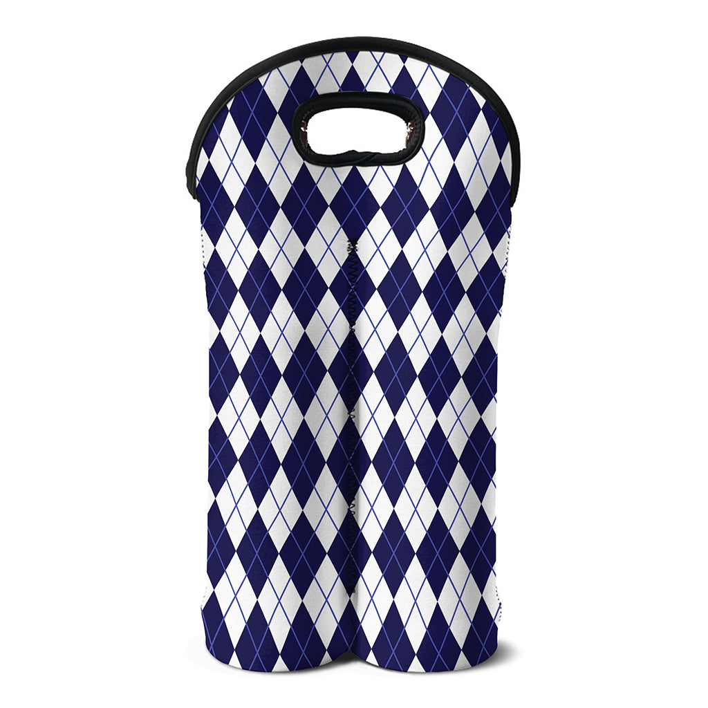 Navy Blue And White Argyle Pattern Print Double Neoprene Wine Tote