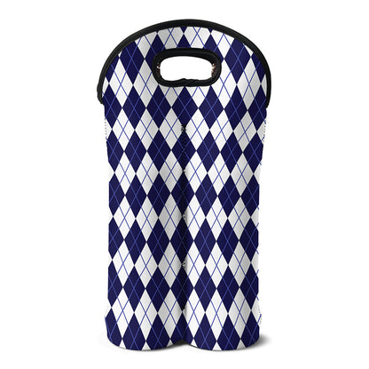 Navy Blue And White Argyle Pattern Print Double Neoprene Wine Tote