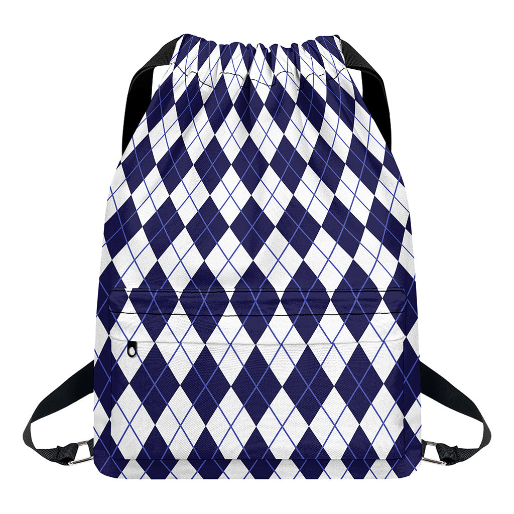 Navy Blue And White Argyle Pattern Print Drawstring Backpack