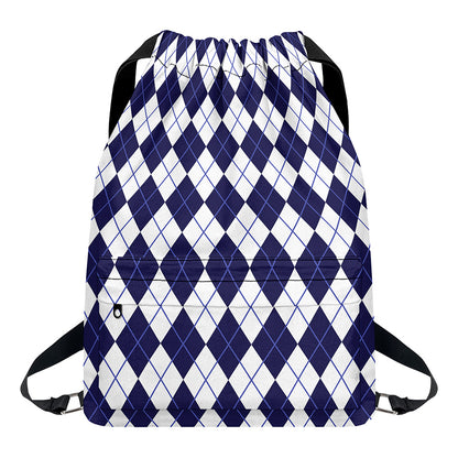 Navy Blue And White Argyle Pattern Print Drawstring Backpack