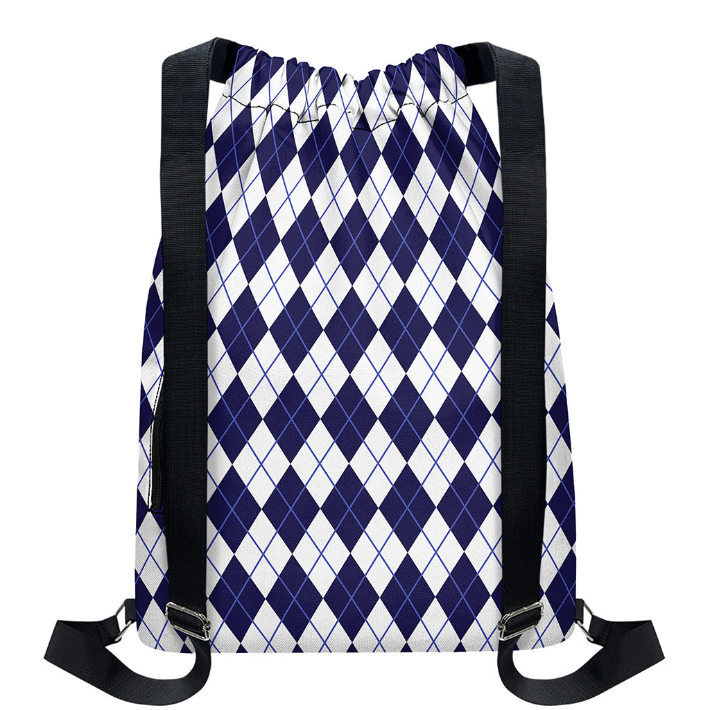 Navy Blue And White Argyle Pattern Print Drawstring Backpack