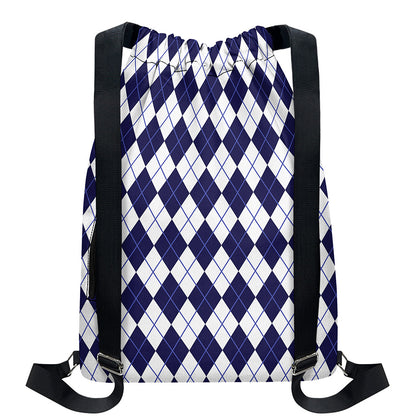 Navy Blue And White Argyle Pattern Print Drawstring Backpack
