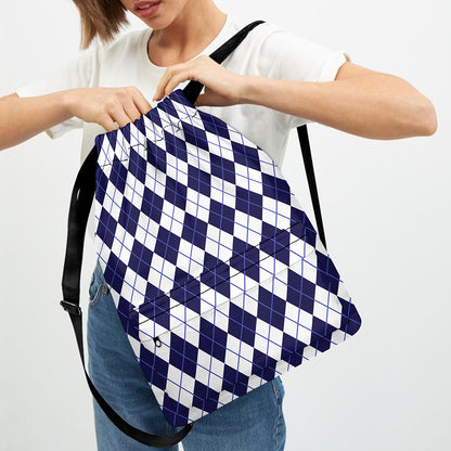 Navy Blue And White Argyle Pattern Print Drawstring Backpack