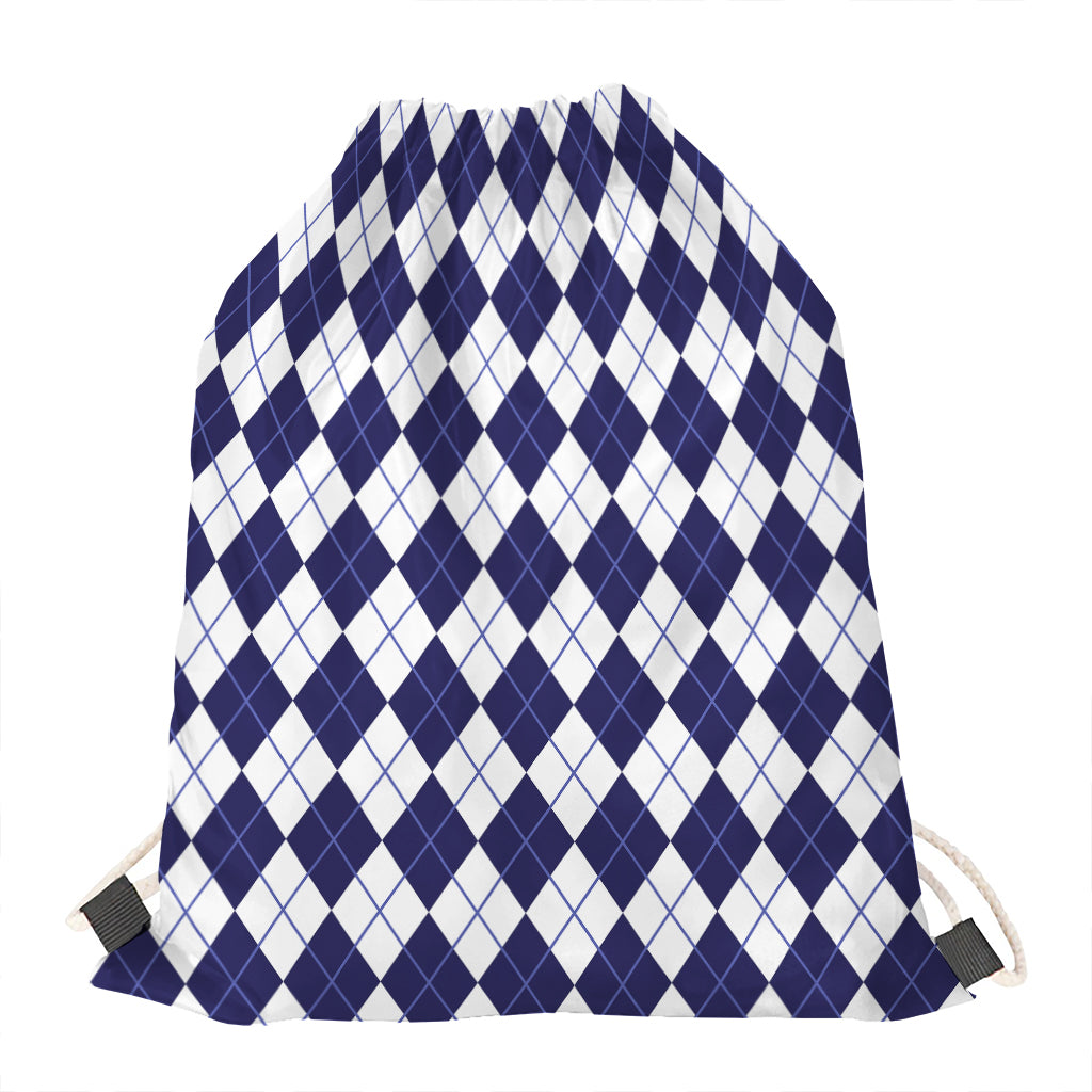 Navy Blue And White Argyle Pattern Print Drawstring Bag