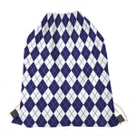 Navy Blue And White Argyle Pattern Print Drawstring Bag