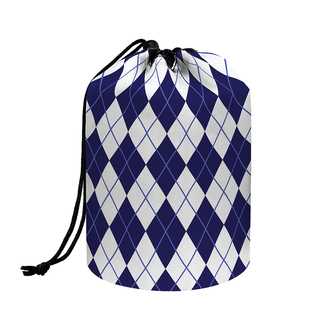 Navy Blue And White Argyle Pattern Print Drawstring Makeup Bag