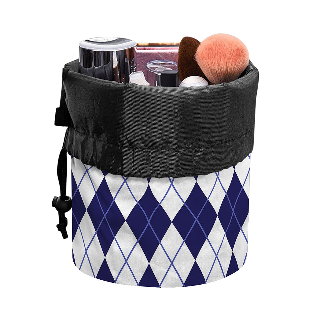 Navy Blue And White Argyle Pattern Print Drawstring Makeup Bag
