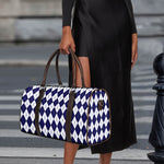 Navy Blue And White Argyle Pattern Print Duffle Bag