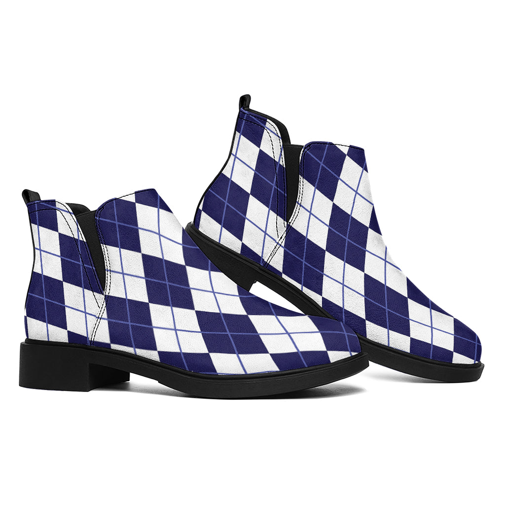Navy Blue And White Argyle Pattern Print Flat Ankle Boots