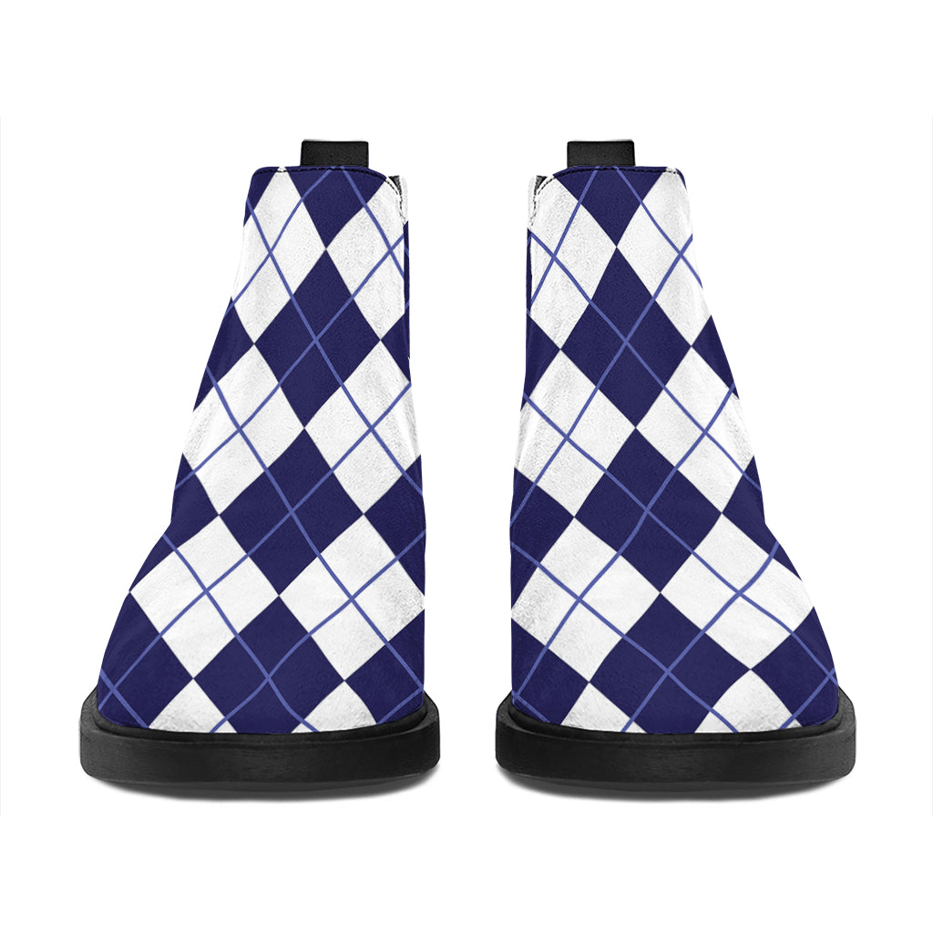 Navy Blue And White Argyle Pattern Print Flat Ankle Boots
