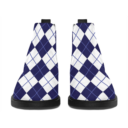 Navy Blue And White Argyle Pattern Print Flat Ankle Boots