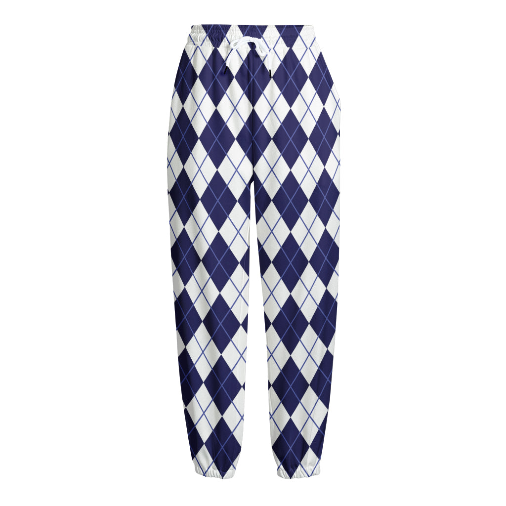 Navy Blue And White Argyle Pattern Print Fleece Lined Knit Pants