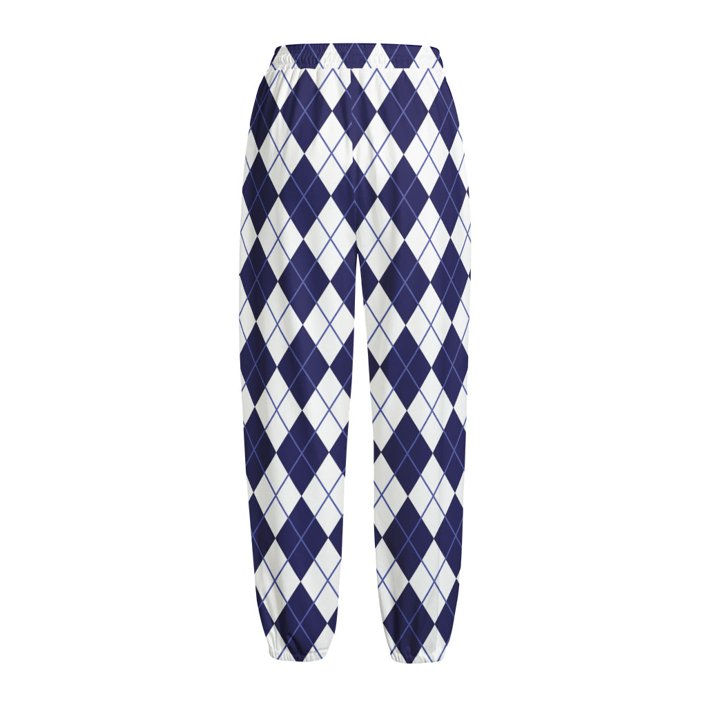 Navy Blue And White Argyle Pattern Print Fleece Lined Knit Pants