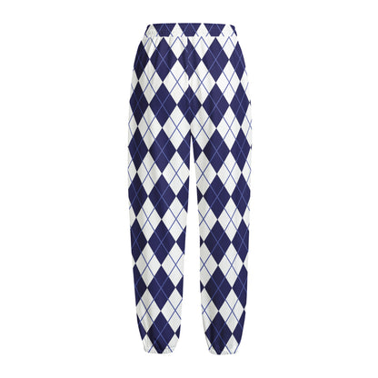 Navy Blue And White Argyle Pattern Print Fleece Lined Knit Pants