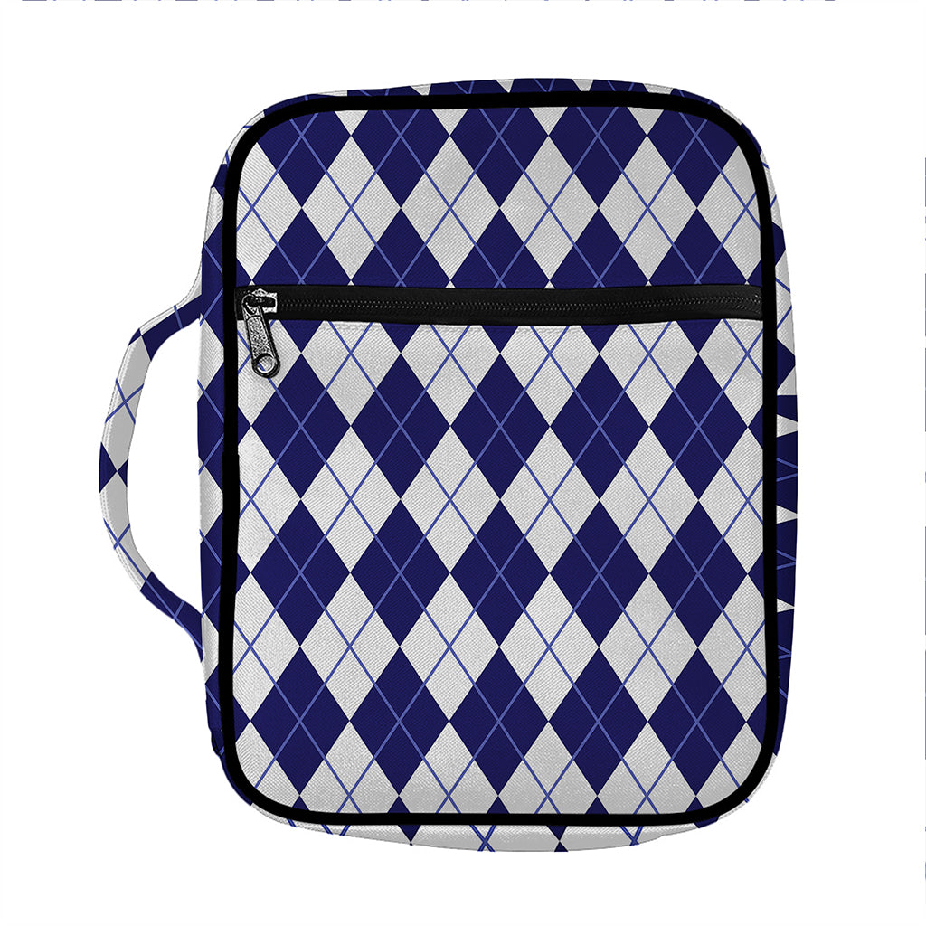 Navy Blue And White Argyle Pattern Print Front Pocket Bible Bag
