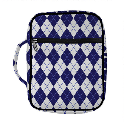 Navy Blue And White Argyle Pattern Print Front Pocket Bible Bag