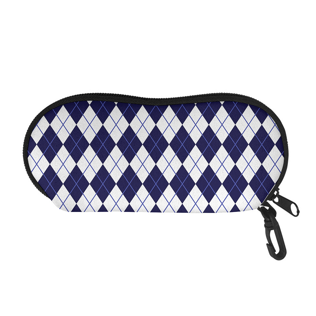 Navy Blue And White Argyle Pattern Print Glasses Case