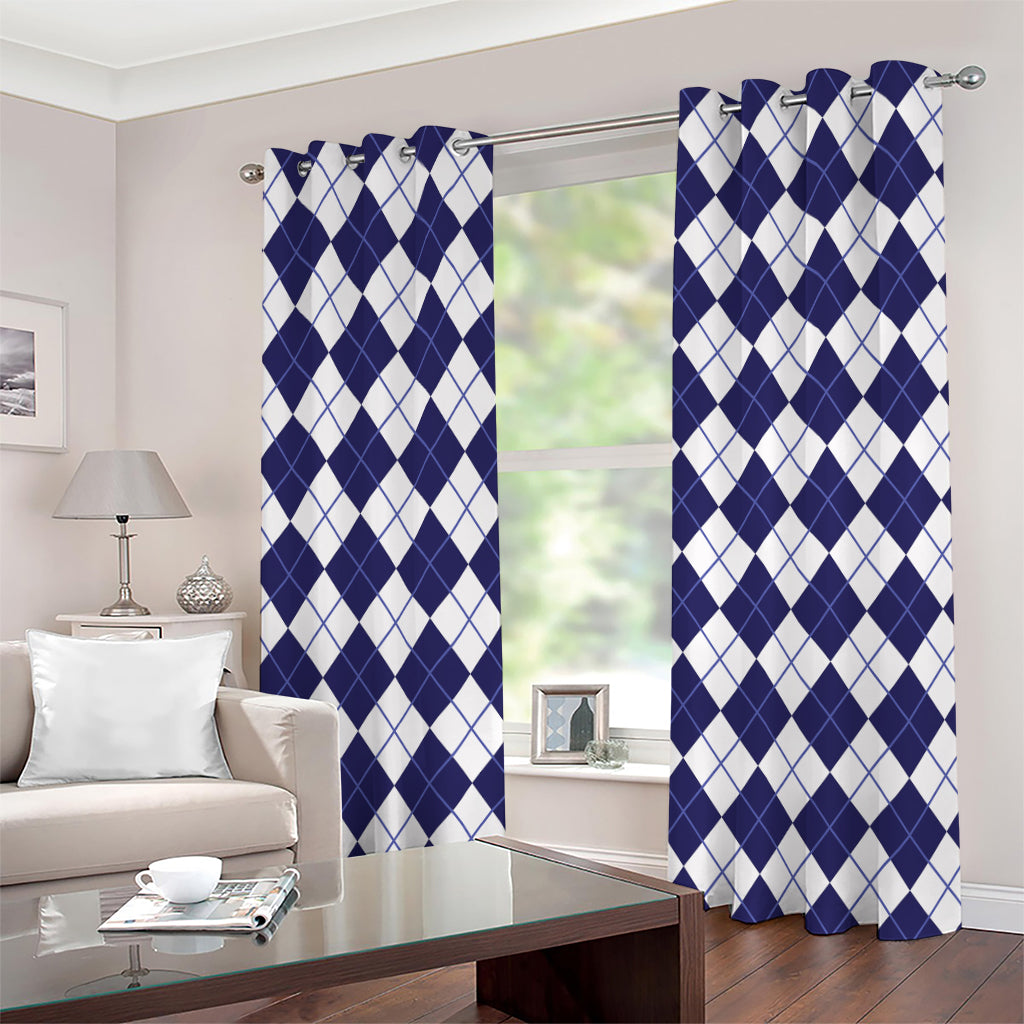 Navy Blue And White Argyle Pattern Print Grommet Curtains