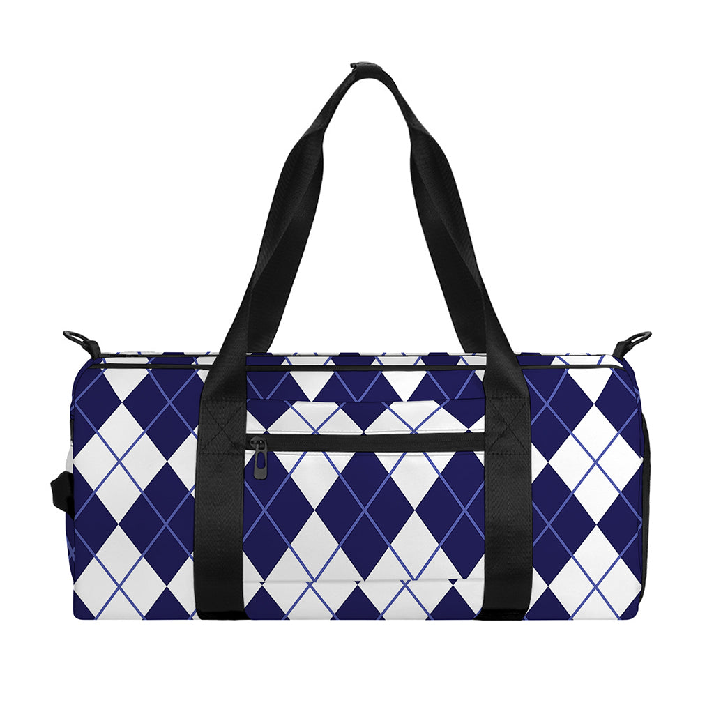Navy Blue And White Argyle Pattern Print Gym Bag