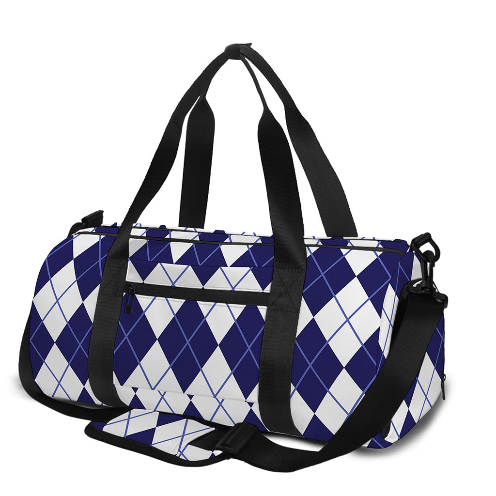 Navy Blue And White Argyle Pattern Print Gym Bag