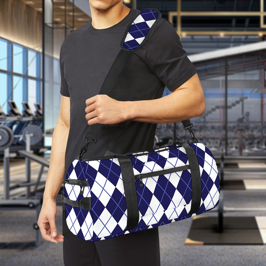 Navy Blue And White Argyle Pattern Print Gym Bag