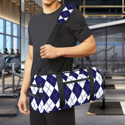 Navy Blue And White Argyle Pattern Print Gym Bag