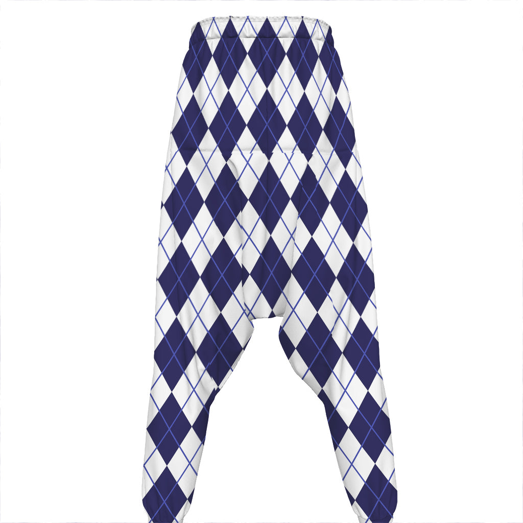 Navy Blue And White Argyle Pattern Print Hammer Pants