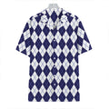 Navy Blue And White Argyle Pattern Print Hawaiian Shirt