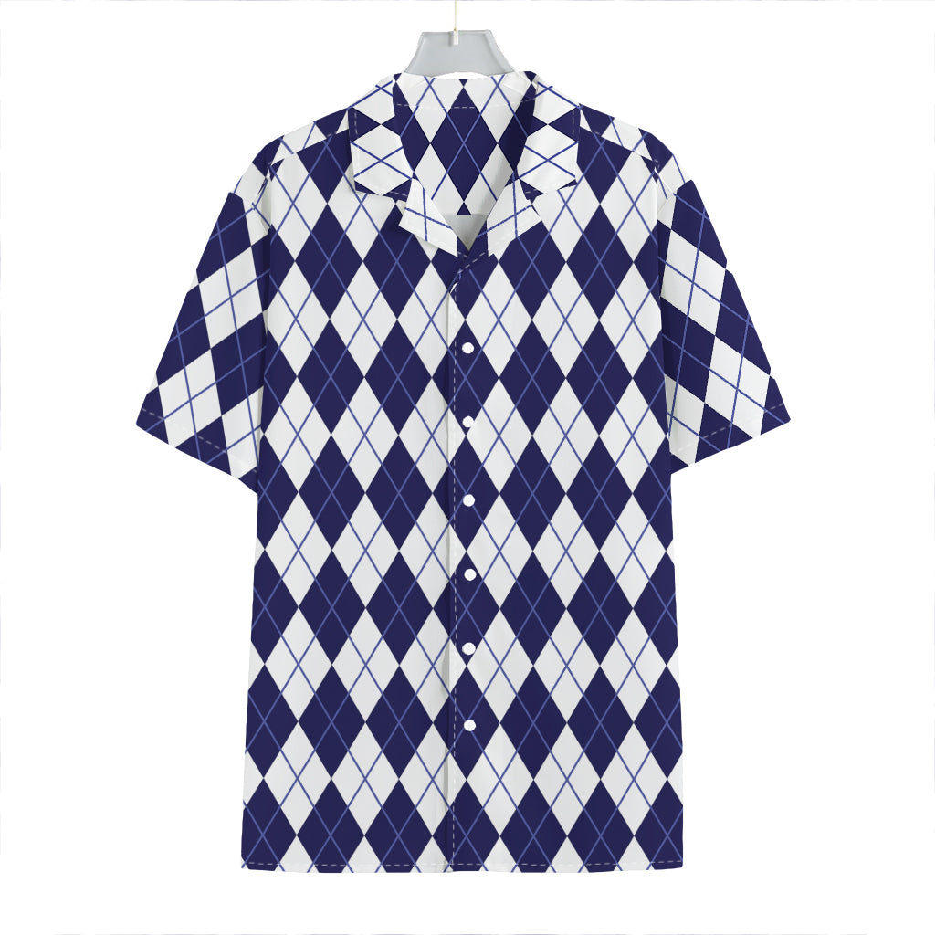 Navy Blue And White Argyle Pattern Print Hawaiian Shirt
