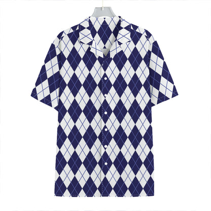 Navy Blue And White Argyle Pattern Print Hawaiian Shirt