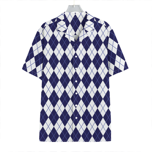 Navy Blue And White Argyle Pattern Print Hawaiian Shirt