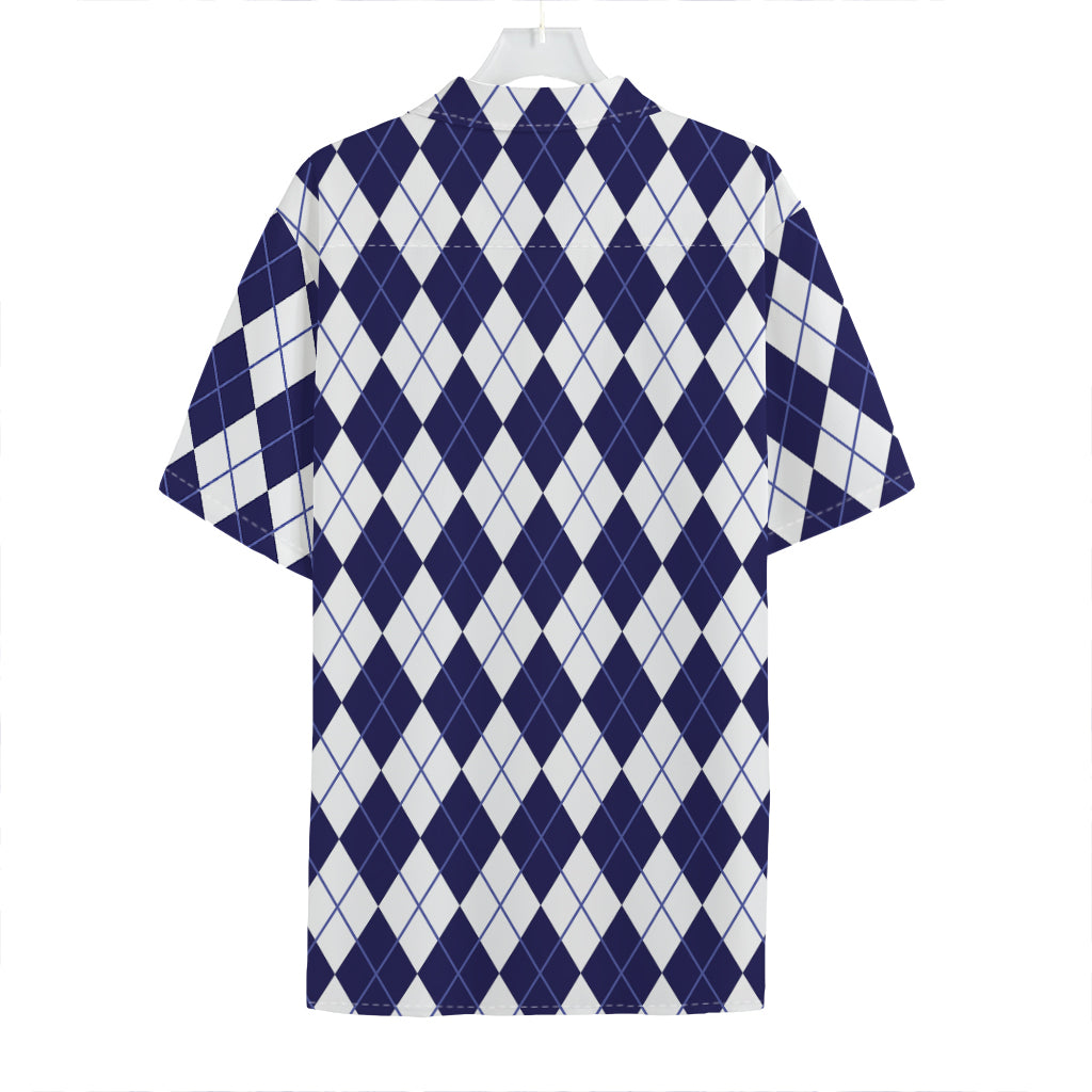 Navy Blue And White Argyle Pattern Print Hawaiian Shirt