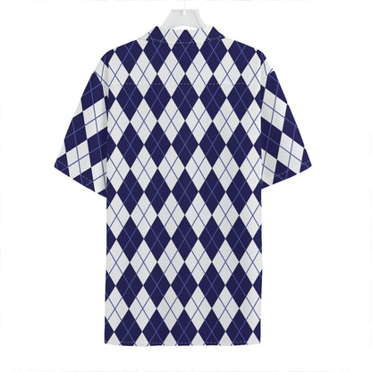 Navy Blue And White Argyle Pattern Print Hawaiian Shirt