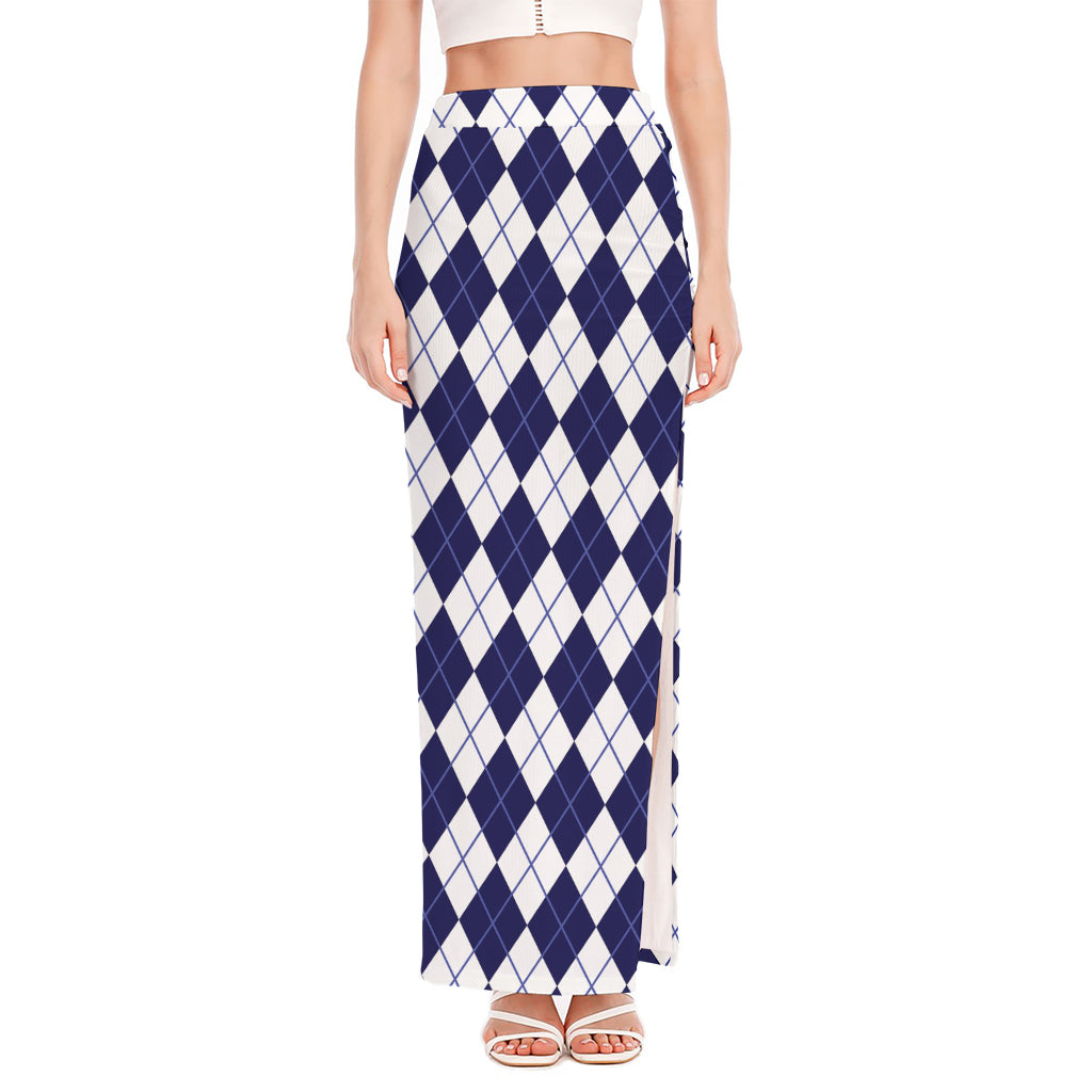Navy Blue And White Argyle Pattern Print High Slit Maxi Skirt