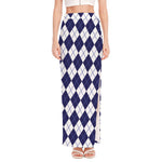 Navy Blue And White Argyle Pattern Print High Slit Maxi Skirt