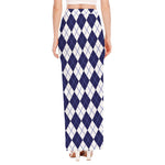 Navy Blue And White Argyle Pattern Print High Slit Maxi Skirt