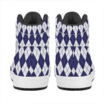 Navy Blue And White Argyle Pattern Print High Top Leather Sneakers