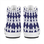 Navy Blue And White Argyle Pattern Print High Top Leather Sneakers