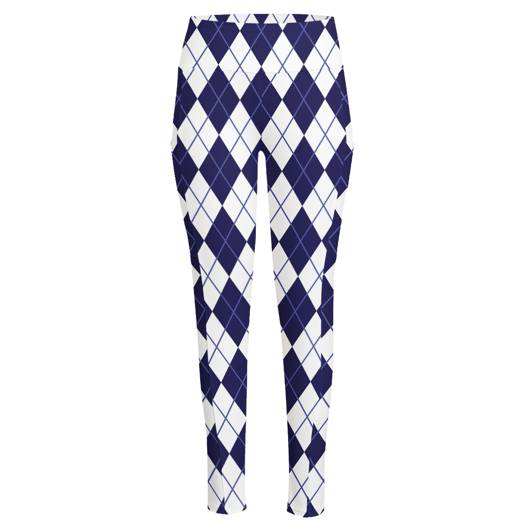 Navy Blue And White Argyle Pattern Print High-Waisted Pocket Leggings
