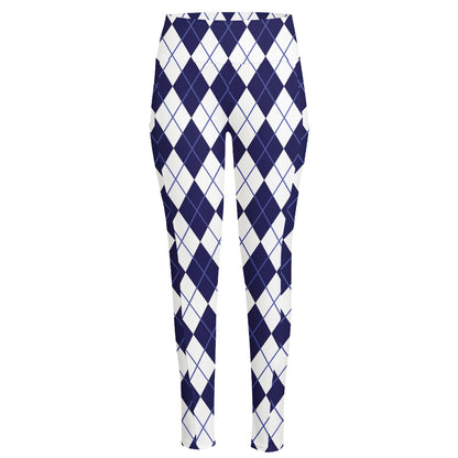 Navy Blue And White Argyle Pattern Print High-Waisted Pocket Leggings