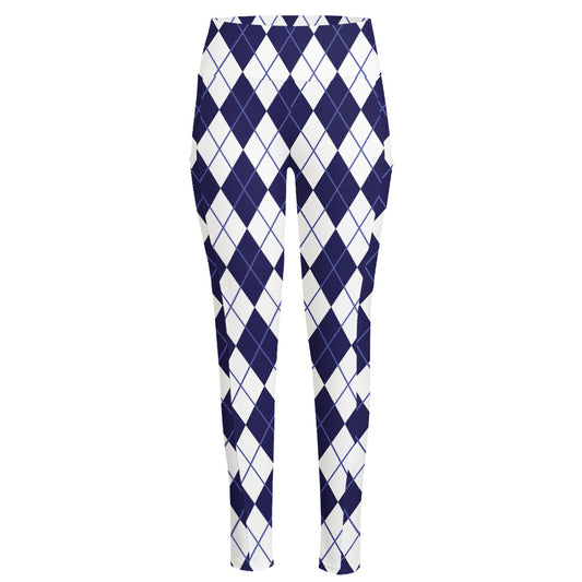 Navy Blue And White Argyle Pattern Print High-Waisted Pocket Leggings